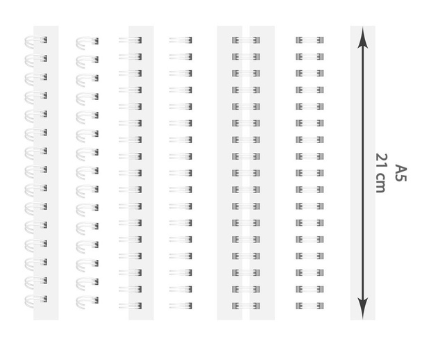 Векторний набір реалістичних зображень (Mock-up, компонування) білих спіралей для ноутбука: вид зверху, вид перспективи, спіраль відкритого блокнота з квадратними отворами на папері, для формату A5. ЕПС 10
.  - Вектор, зображення