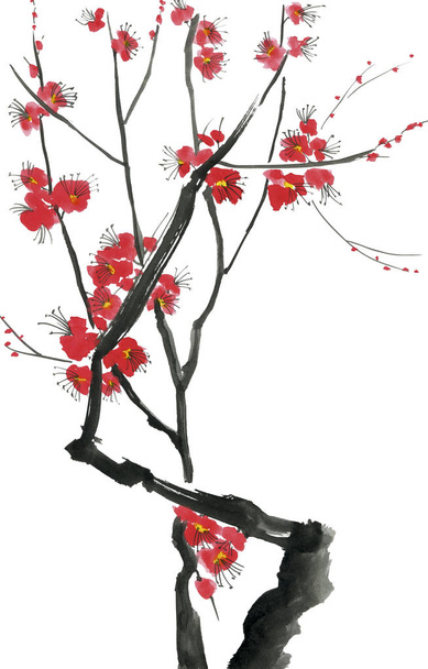 A branch of a blossoming tree. Pink and red stylized flowers of plum mei, wild apricots and sakura . Watercolor and ink illustration in style sumi-e, u-sin. Oriental traditional painting.   - Foto, imagen
