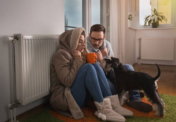 junges Paar in Jacke und Decke sitzt auf dem Boden neben Heizkörper mit Hund und versucht sich aufzuwärmen - Foto, Bild