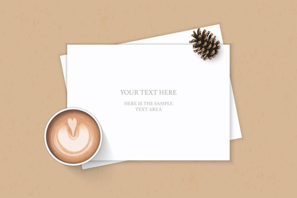Flat lay top view elegant white composition paper pine cone and coffee on kraft background. - Vector, Image
