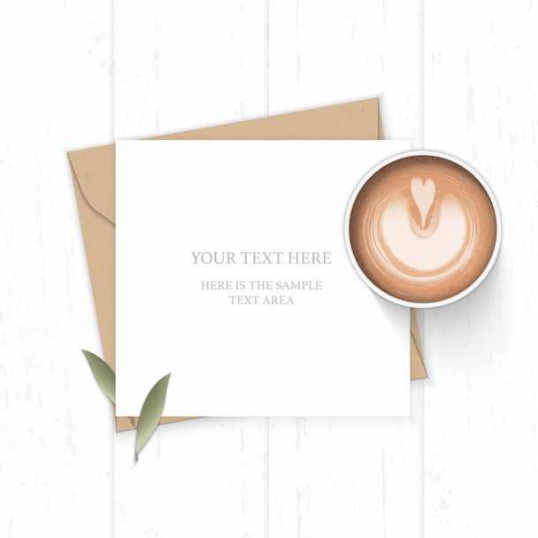 Flat lay top view elegant white composition letter kraft paper envelope nature leaf and coffee on wooden background. - Vector, Image
