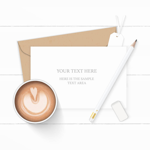 Plat leggen bovenaanzicht elegante witte samenstelling brief kraft papier envelop potlood gum koffie en tag op houten achtergrond. - Vector, afbeelding