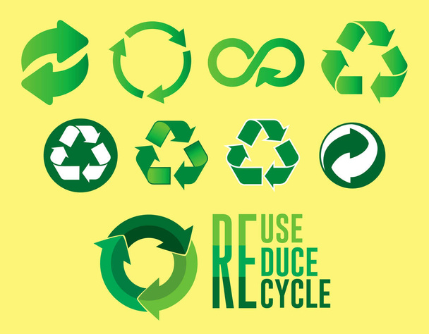 σύνολο μείωση επαναχρησιμοποίηση έννοια ανακύκλωσης με δύο σχεδιασμό.  - Διάνυσμα, εικόνα