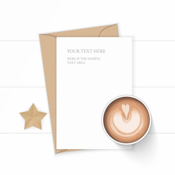フラット レイアウト トップ木製の背景にエレガントな白い構成手紙クラフト紙封筒葉コーヒーと星の形の工芸品を表示します。. - ベクター画像