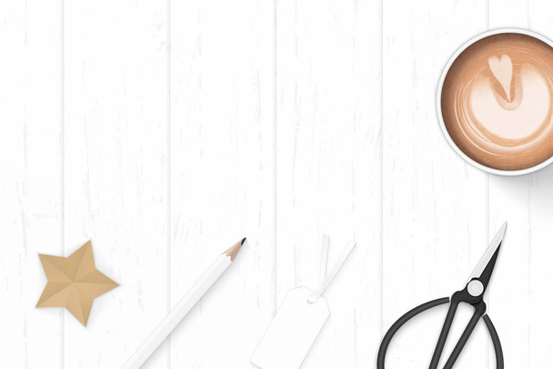 Flat lay vista dall'alto elegante composizione bianca carta caffè matita stella artigianato gomma e metallo forbici su sfondo di legno
. - Vettoriali, immagini