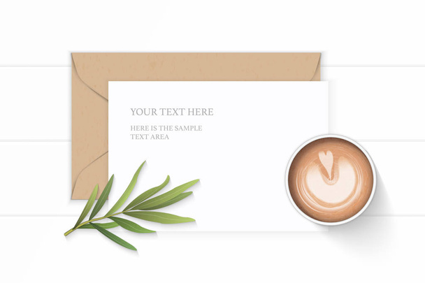 Plat lag bovenaanzicht elegante witte samenstelling brief kraft papier envelop koffie en Dragon leaf op houten achtergrond. - Vector, afbeelding