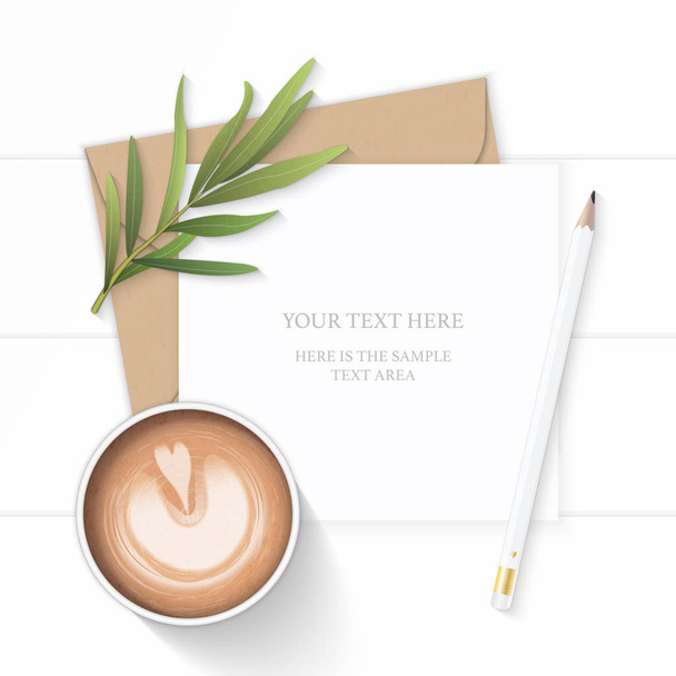 フラット レイアウト平面図エレガントな白い構成手紙クラフト紙封筒鉛筆タラゴン葉と木製の背景のコーヒー. - ベクター画像