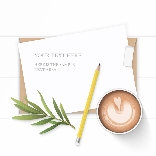 Plat lag boven elegante witte samenstelling papier kraft envelop geel potlood gum Dragon blad en koffie bekijken op houten achtergrond. - Vector, afbeelding