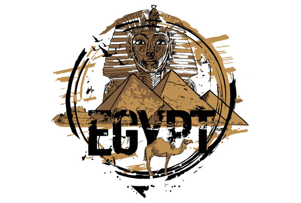 Egypti, Giza, Tutankhamun Egyptiläinen faarao kuningas naamio ja pyramidi Khafre kanssa Camel. Käsin piirretty kuva
. - Vektori, kuva