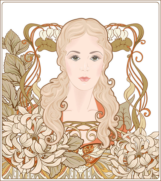 Portrait of a woman with long hair in floral frame in old, retro, art nouveau style. Colored vector illustration. In vintage beige and orange colors. - Vector, afbeelding