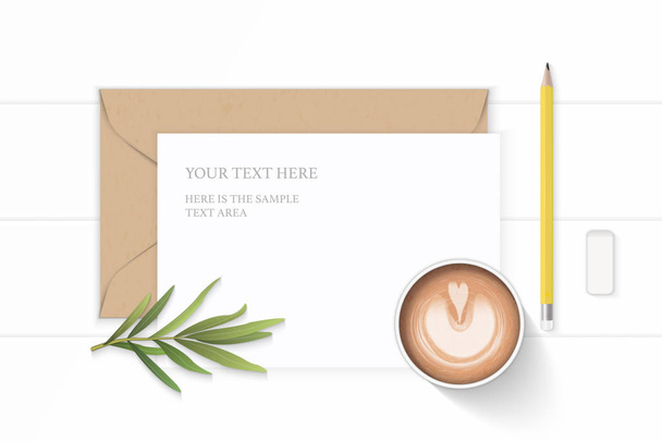 Lapos laikus felülnézeti elegáns fehér kompozíció levél kraft papír boríték sárga ceruza radír tárkony leveles és kávé a fából készült háttér. - Vektor, kép