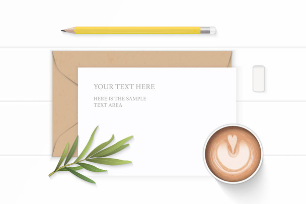 Flat lay top view elegant white composition letter kraft paper envelope yellow pencil eraser tarragon leaf and coffee on wooden background. - Vector, Image