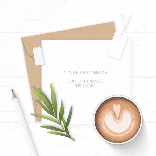 Plat lag boven elegante witte samenstelling brief kraft papier envelop potlood label gum Dragon blad en koffie bekijken op houten achtergrond. - Vector, afbeelding