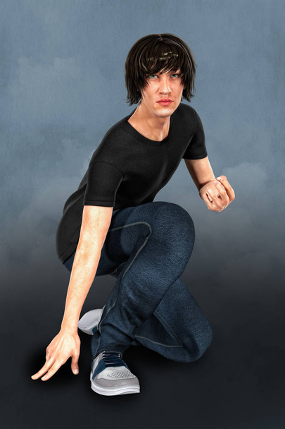 Male 3D urban fantasy paranormal character in magical pose knelt on ground. This figure is rendered in a softer illustrative style particularly suited to book cover art and a range of artwork uses. One of a series. - Foto, immagini