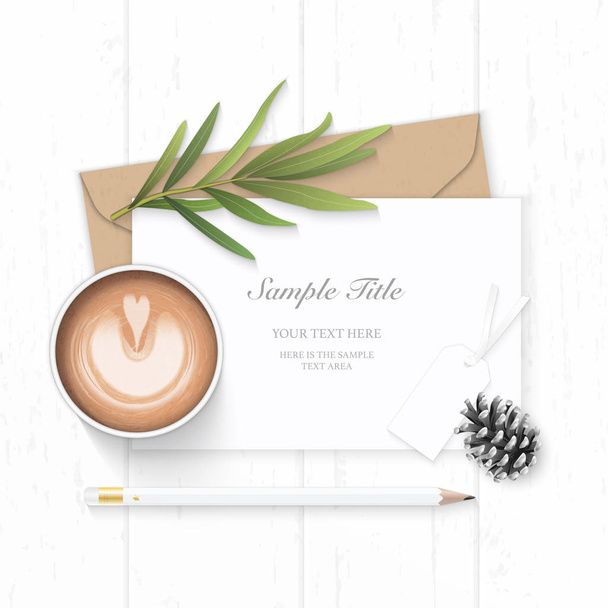 Plat lag boven elegante witte samenstelling brief kraft papier envelop pine cone potlood Dragon blad en koffie bekijken op houten achtergrond. - Vector, afbeelding