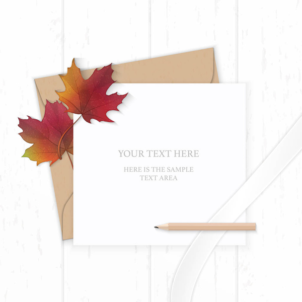 Lapos laikus felülnézet elegáns fehér kompozíció levél kraft papír boríték ceruza őszi maple leaf és a selyem szalag fa háttér. - Vektor, kép