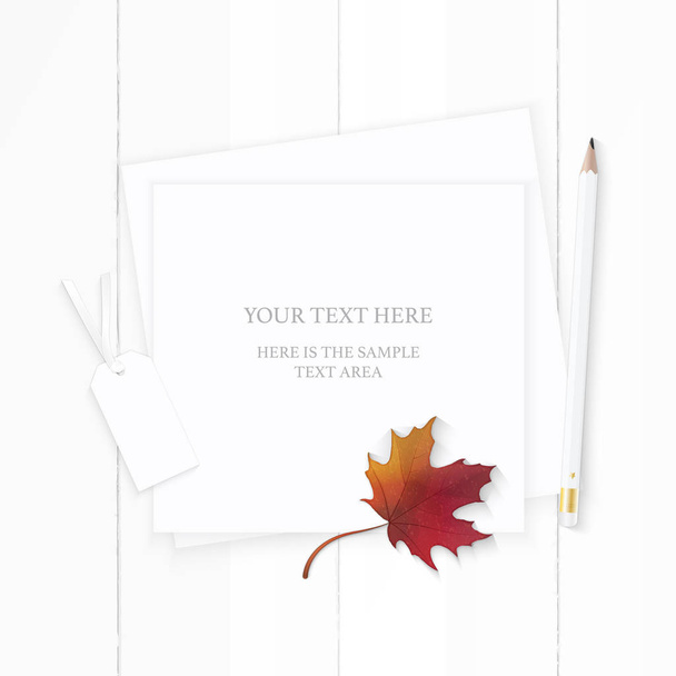 flache Lay Draufsicht elegante weiße Komposition Papier Tag Bleistift und Herbst Ahornblatt auf hölzernem Hintergrund. - Vektor, Bild