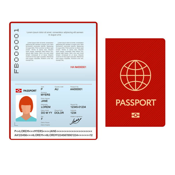 Otwarty szablon paszport z czerwoną obwolutą - Wektor, obraz