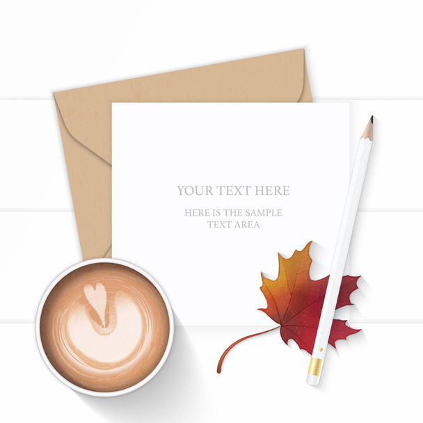 Flat lay top view elegant white composition letter kraft paper envelope pencil autumn maple leaf and coffee on wooden background. - Vector, Image