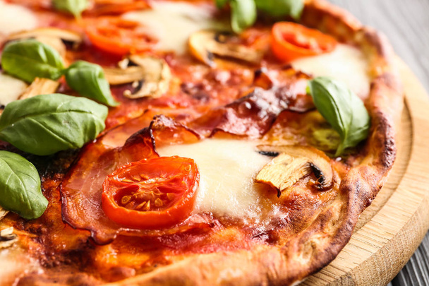 Delicious pizza with basil and cherry tomatoes, closeup - Photo, Image