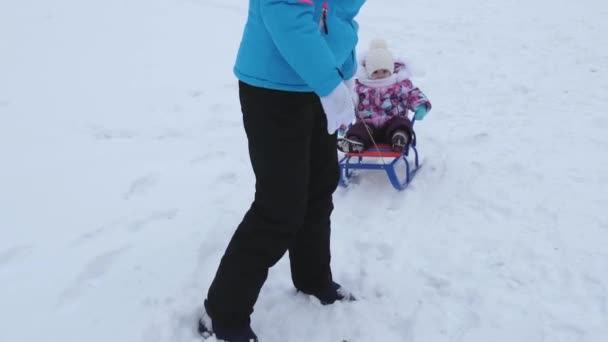 Молода мама катається маленькою дитиною на санчатах вздовж сніжної дороги взимку. Дитина неслухняна і плаче, сидячи в санчатах
 - Кадри, відео