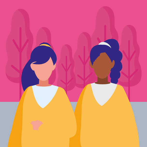 couple of girls interracial characters - Vector, Image