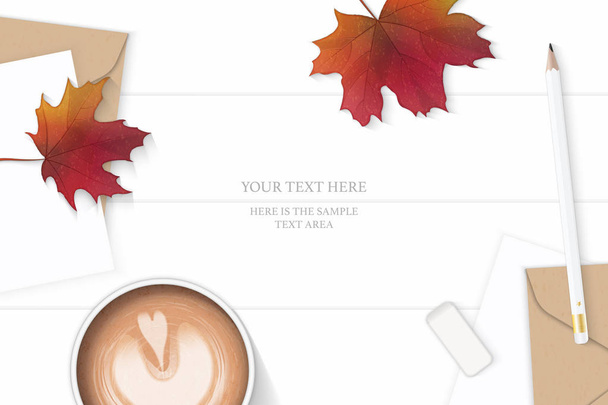 Flat lay top view elegant white composition letter kraft paper envelope pencil eraser coffee and autumn maple leaf on wooden background. - Vector, Image