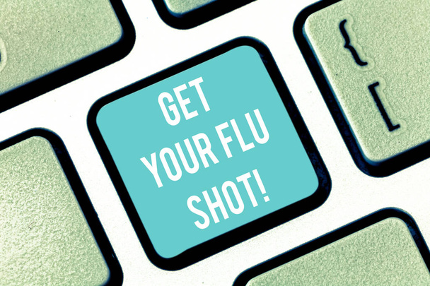 Szövegíráshoz az influenza Shot kap szót. Üzleti koncepció már oltást elkerülve, hogy beteg immunizálás billentyű szándékát, hogy hozzon létre a számítógép üzenetet, nyomja meg a billentyűzet ötlet. - Fotó, kép