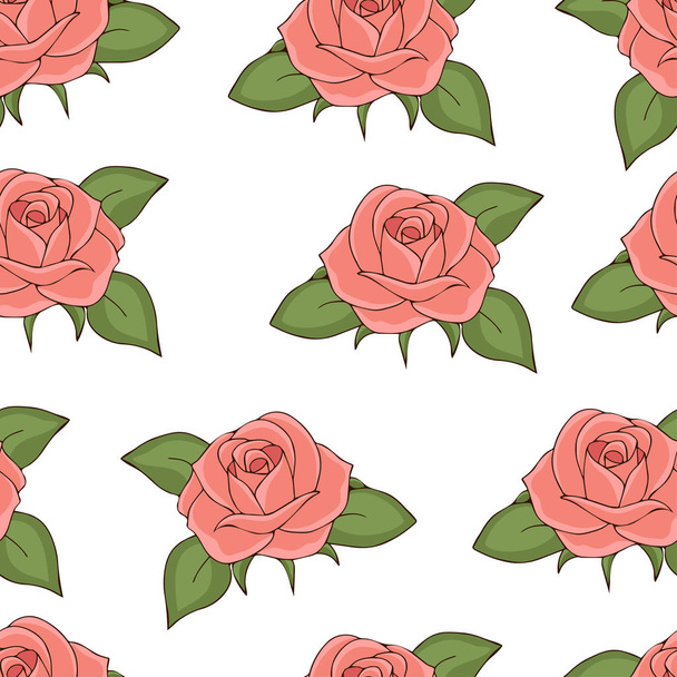 Pink roses seamless pattern, hand drawing, vector illustration. Drawn flower buds with soft pink petals and green leaves on white background. For fabric design, cloth, wallpaper, decorating - Vektor, Bild