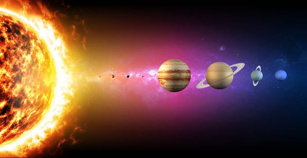 Aurinkokunnan planeettojen halkaisija koot. Suuruusluokan suhde. Tämän kuvan elementit on toimittanut NASA. 3d renderöinti. Avaruus ja universumi
 - Valokuva, kuva
