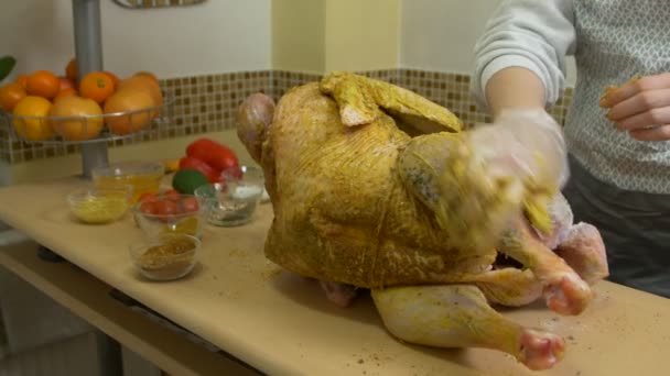 Young Woman Cooks Turkey - Materiał filmowy, wideo