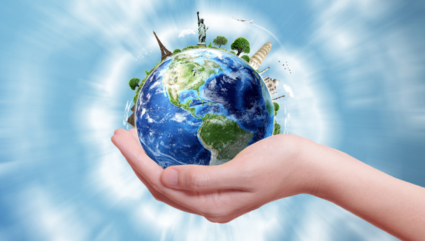 vrouwelijke hand met Earth globe, 3d illustratie - Foto, afbeelding