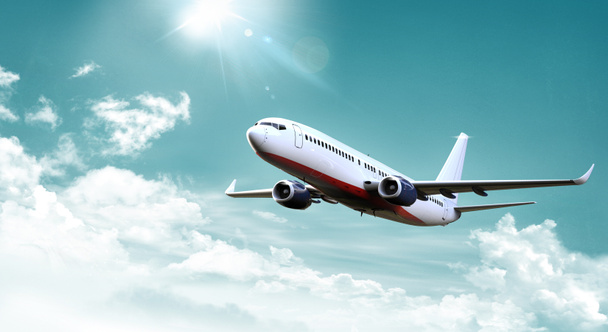 realistische 3D-Darstellung eines Flugzeugs bei bewölktem Himmel - Foto, Bild