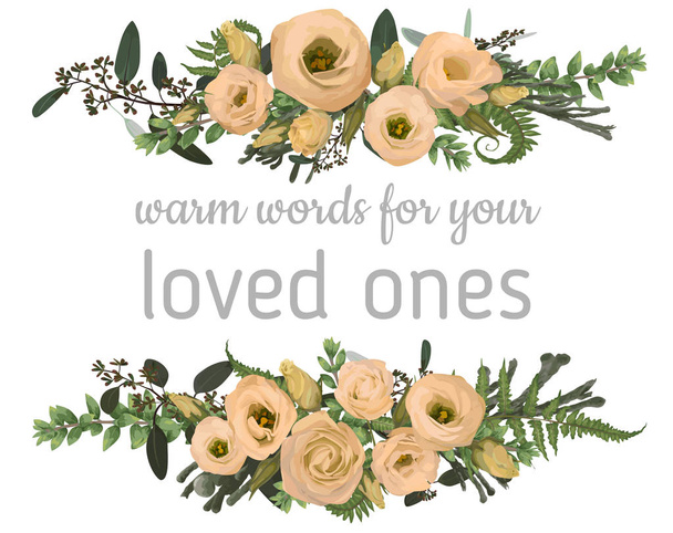 ベクターの花の花束デザイン セット、緑の森の葉、brunia、シダ、枝ツゲ、ツゲ、ユーカリと花トルコギキョウ クリーム。水彩風、ハーブ。結婚式招待状カード分離設計要素の - ベクター画像