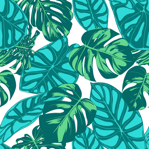 Saumaton vektori trooppinen kuvio. Monstera Palm Leaves ja Alocasia. Viidakon lehtien kanssa akvarelli vaikutus. Eksoottinen Havaijin tekstiilisuunnittelu. Saumaton trooppinen tausta kangas, mekko, paperi, Tulosta
 - Vektori, kuva