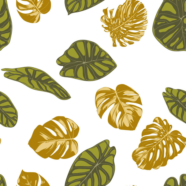 Seamless Hand Drawn Botanical Exotic Pattern with Philodendron and Alocasia Leaves. Vector Jungle Foliage in Watercolor Style. Seamless Tropic Leaf Background for Textile, Cloth, Fabric, Paper. - Vector, Image