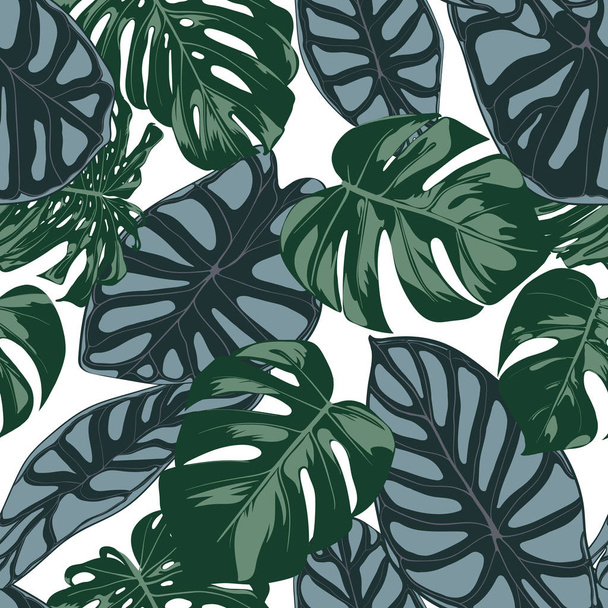 Vector Tropic Seamless Pattern. Philodendron and Alocasia Leaves. Hand Drawn Jungle Foliage in Watercolor Style. Exotic Background. Seamless Tropic Leaf for Textile, Cloth, Fabric, Decoration, Paper. - Vektör, Görsel