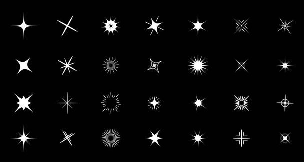 Sparkles Stars merkki symboli asetettu. Söpö kokoelma. Joulukoristeita. Valkoinen väri mustalla taustalla. Tasainen muotoilu. Vektoriesimerkki
 - Vektori, kuva