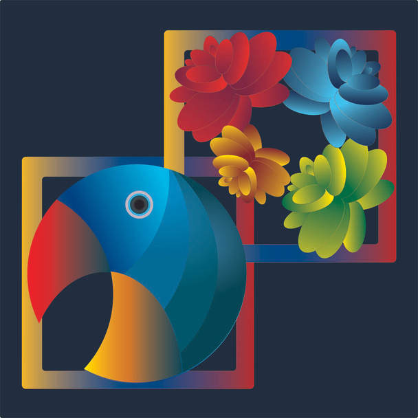 Abstrakcja ilustracja papuga kolorowy ptak z kwiatami na ciemnym tle niebieski kwiat ornament stylizowane ikona - Wektor, obraz