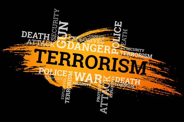 The inscription terrorism on a black background. The concept of stop terror, terrorist attack, explosions, attempted. - Фото, зображення