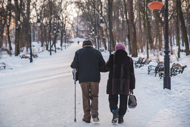 Kış city park ile birlikte yürüyen yaşlı bir çift. birbirleri hakkında bakım - Fotoğraf, Görsel