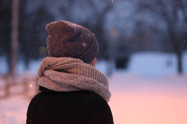 woman playing with snow outside season winter clothes - Valokuva, kuva