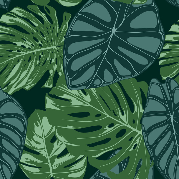 Vector Tropic naadloze patroon. Philodendron en Alocasia bladeren. Hand Drawn Jungle gebladerte in aquarel stijl. Exotische achtergrond. Naadloze Tropic blad voor doek, stof, textiel, decoratie, papier. - Vector, afbeelding