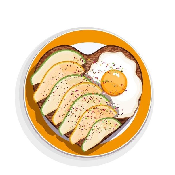 Sandwich with egg and avocado slices in the form of a heart on a plate with a yellow rim. Vector illustration of delicious appetizing snacks on white background - Vettoriali, immagini