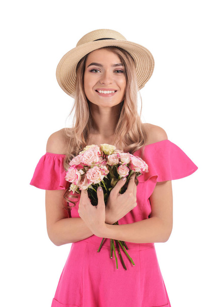 Beautiful young woman with bouquet of flowers on white background - Fotoğraf, Görsel