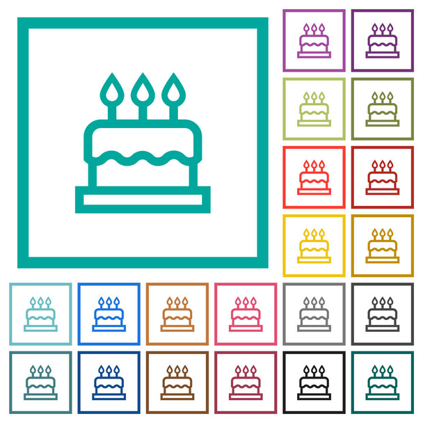Geburtstagstorte flache Farbsymbole mit Quadrantenrahmen auf weißem Hintergrund - Vektor, Bild