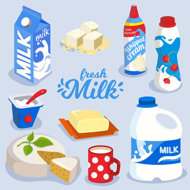 Set of milk products, dairy produce in colorful package icon - Vector, Image