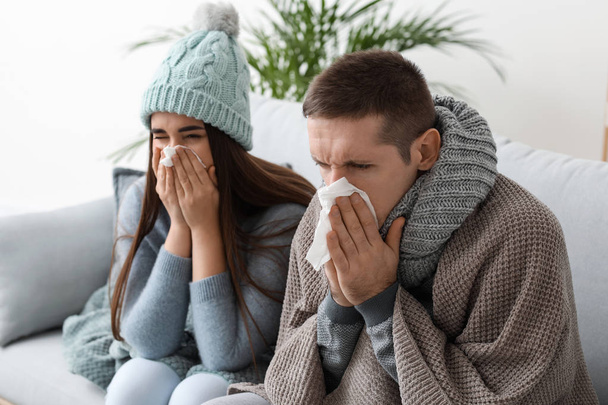Couple ill with flu at home - Foto, Imagem