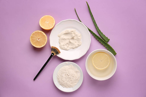 Composition with natural ingredients for facial mask on color background - Foto, afbeelding