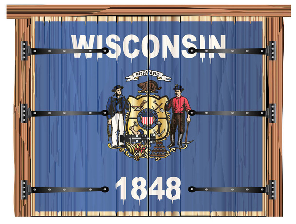 Ein großes geschlossenes hölzernes Scheunentor mit Riegel und Scharnieren und die Flagge des Bundesstaates Wisconsin aufgemalt - Vektor, Bild